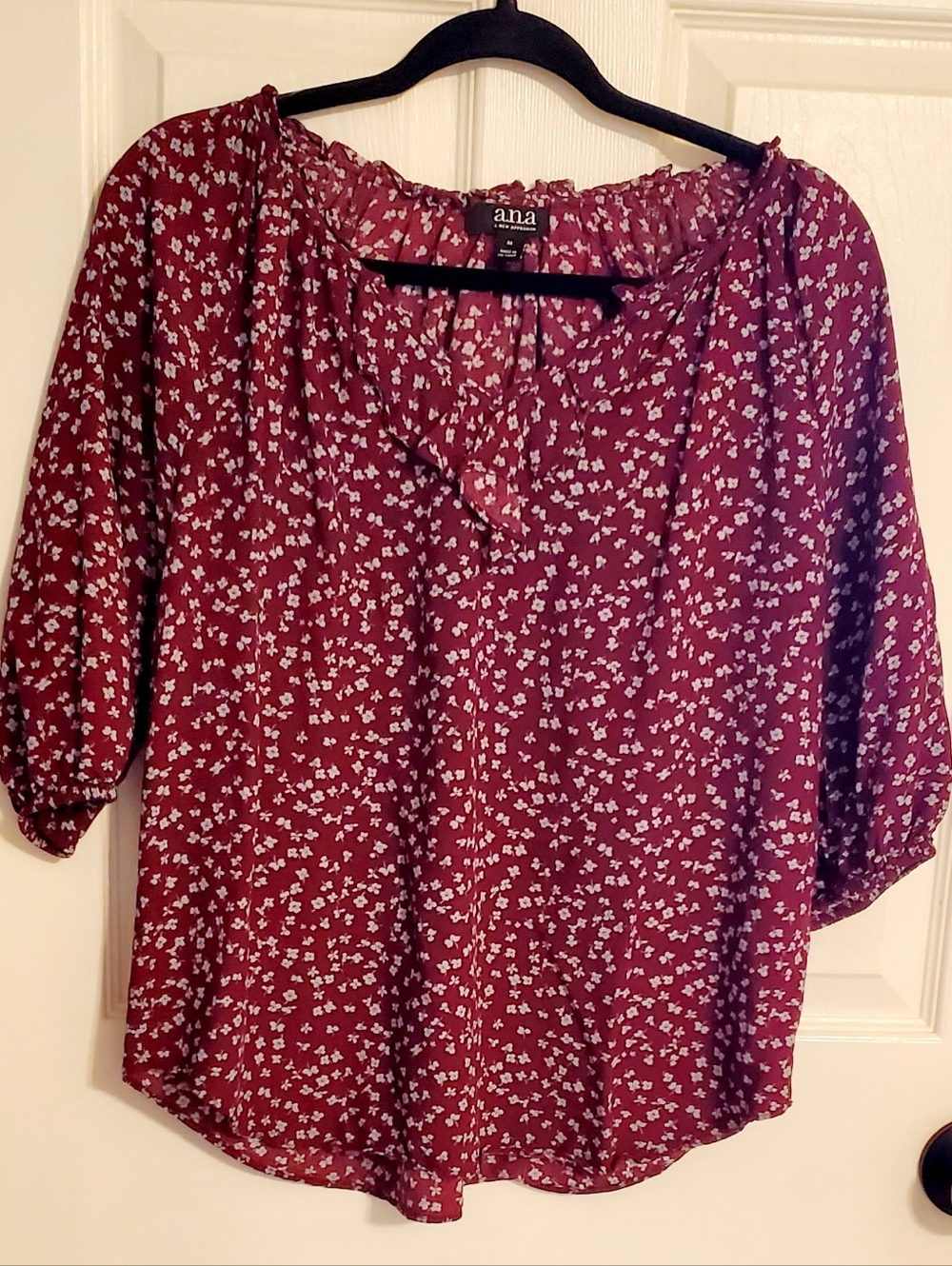 A.N.A. Women's M Burgundy/Blue Floral Ruffle Neckline Blouse 3/4 sleeves